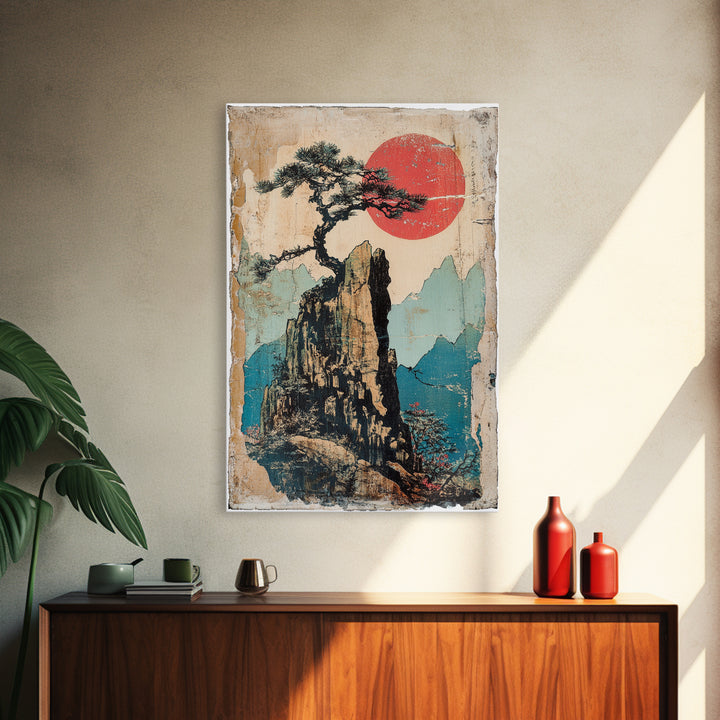 Lone Pine On Rocky Mountain Peak Canvas Print, Asian Landscape Wall Art, Japandi Decor, Nature Wall Decor, Zen Home Gift