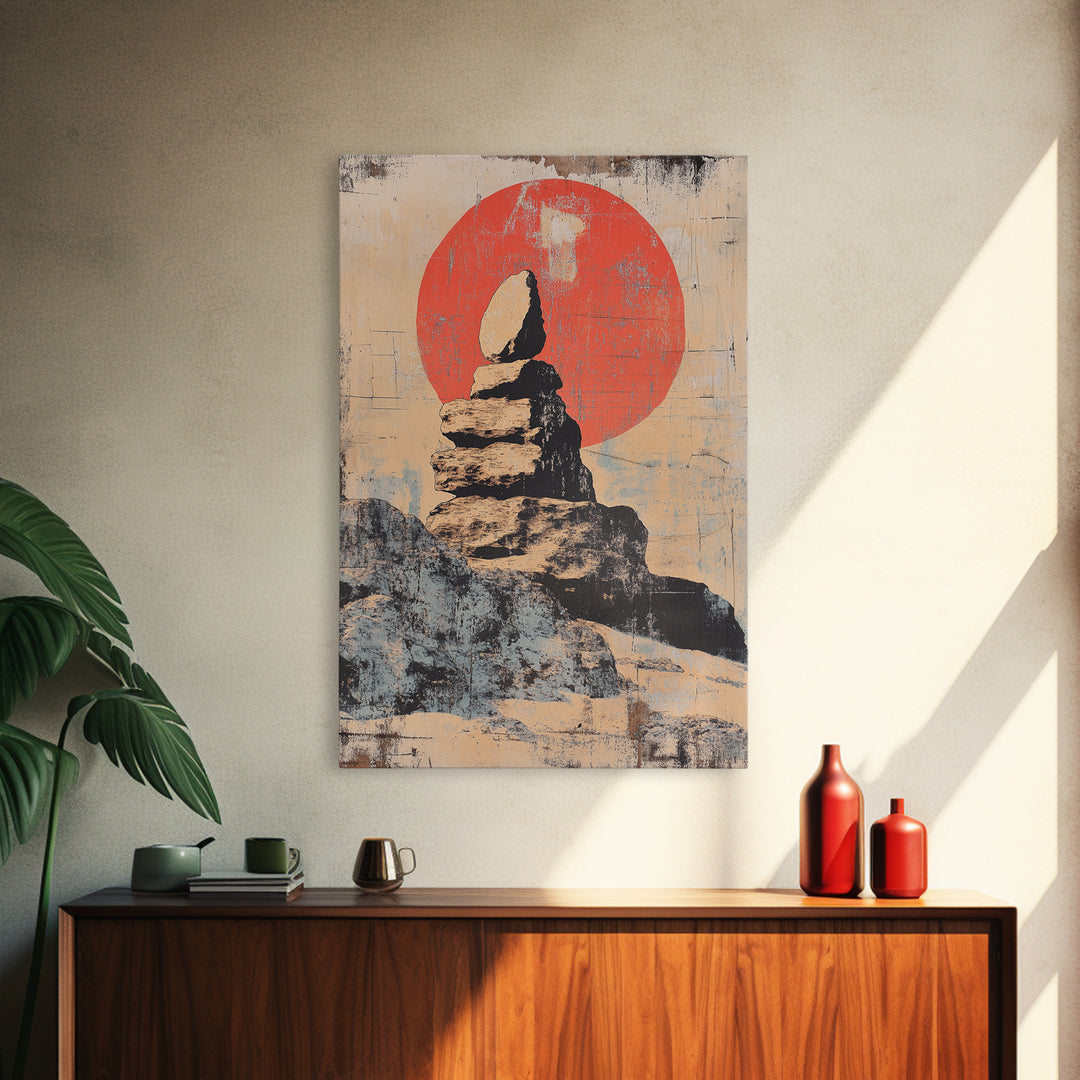 Balanced Zen Stones Before Red Sun Wall Art, Wabi Sabi Decor, Meditation Room Print, Minimalist Japanese Home Decor Gift