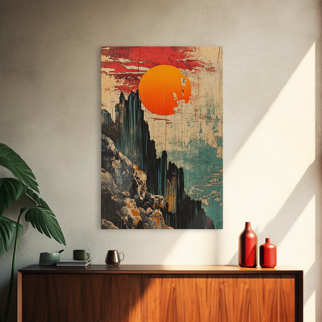 Dramatic Japanese Mountain Sun Canvas Print, Abstract Landscape Art, Modern Wall Decor, Japandi Wall Art, Living Room Decor