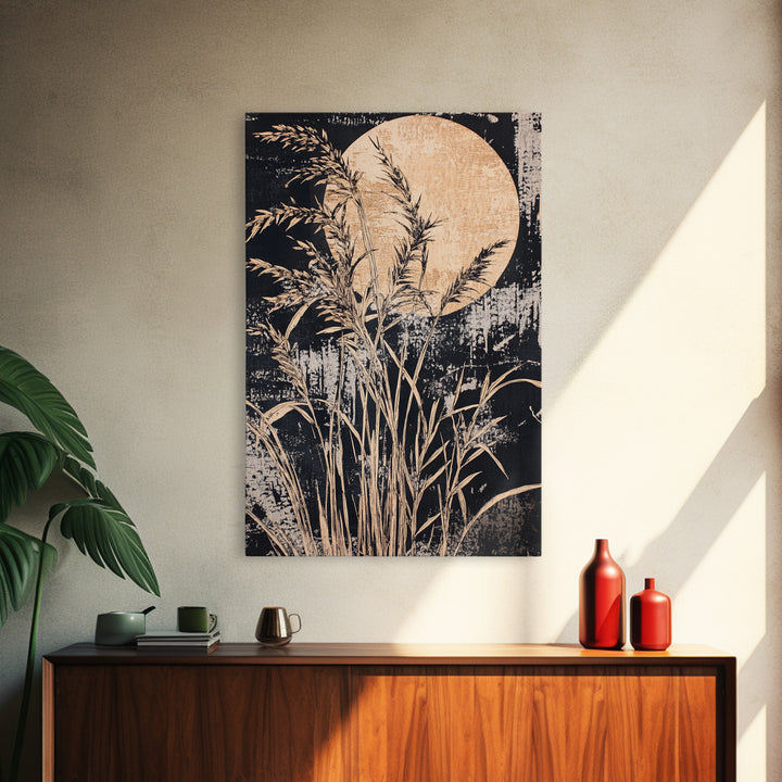 Moonlit Pampas Grass Canvas Print, Botanical Wall Art, Black And White Art, Neutral Wall Decor, Japandi Decor, Bedroom Art