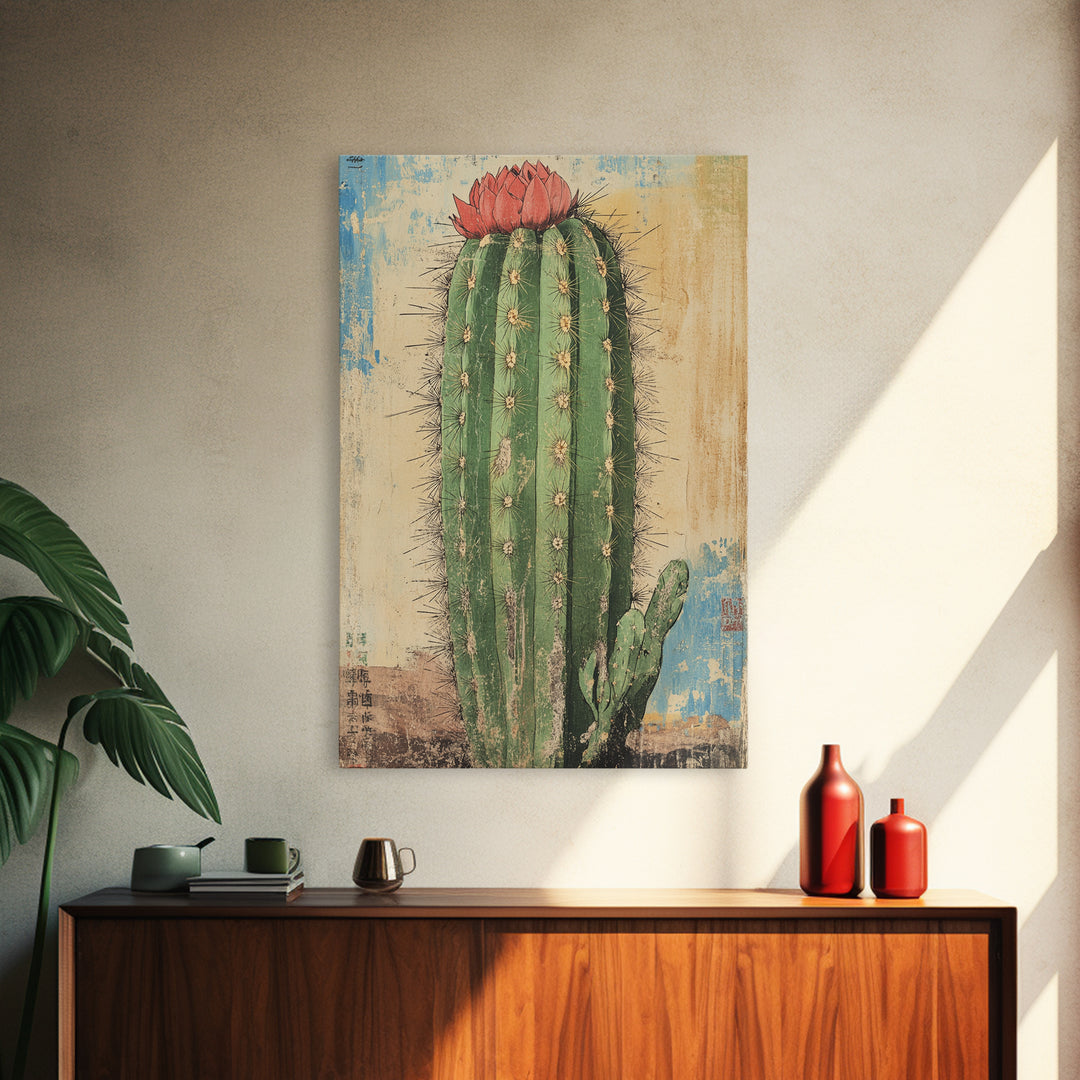Blooming Desert Cactus Canvas Print, Southwestern Wall Art, Botanical Poster, Desert Home Decor, Rustic Nature Wall Decor