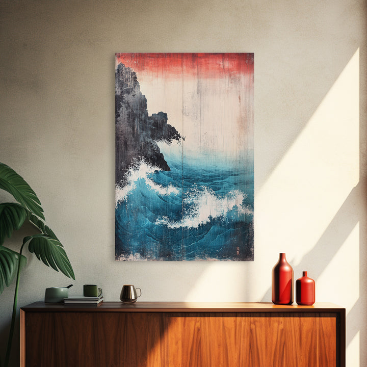 Dramatic Blue Wave And Cliff Canvas Print, Japanese Seascape Wall Decor, Coastal Ocean Art For Living Room Decor, Beach House Gift