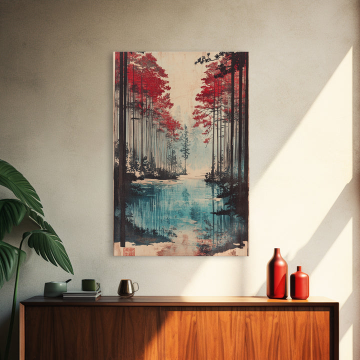 Red Pine Forest Lake Wall Art, Japanese Landscape Print, Moody Nature Wall Decor, Large Living Room Canvas Decor For Home