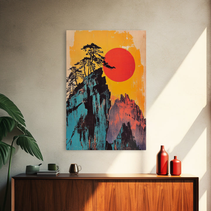 Bold Red Sun Mountain Cliff Wall Art, Japanese Landscape Print, Retro Travel Poster, Statement Living Room Decor Gift For Him