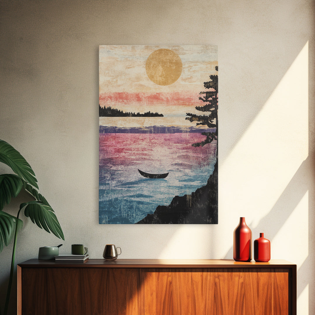 Golden Sunset Canoe On Quiet Lake Wall Art, Japandi Landscape Print, Coastal Cabin Decor, Serene Living Room Canvas Home Decor