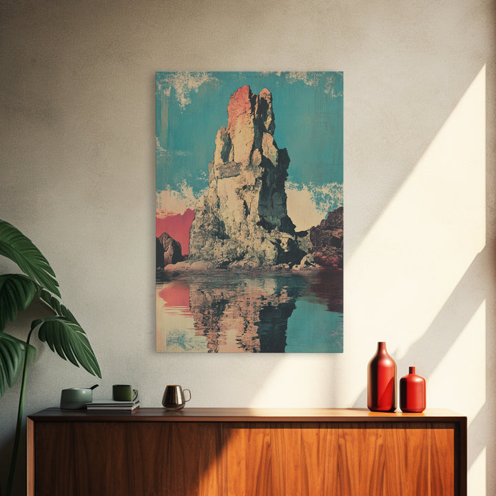 Turquoise Sea Stack Island At Sunset Wall Art, Retro Coastal Landscape Print, Ocean Rock Nature Decor, Modern Beach House