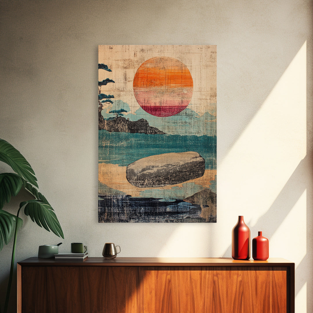 Floating Stone Over Teal Water At Sunset Canvas Print, Japandi Zen Wall Art, Minimalist Coastal Decor, Meditation Room Art