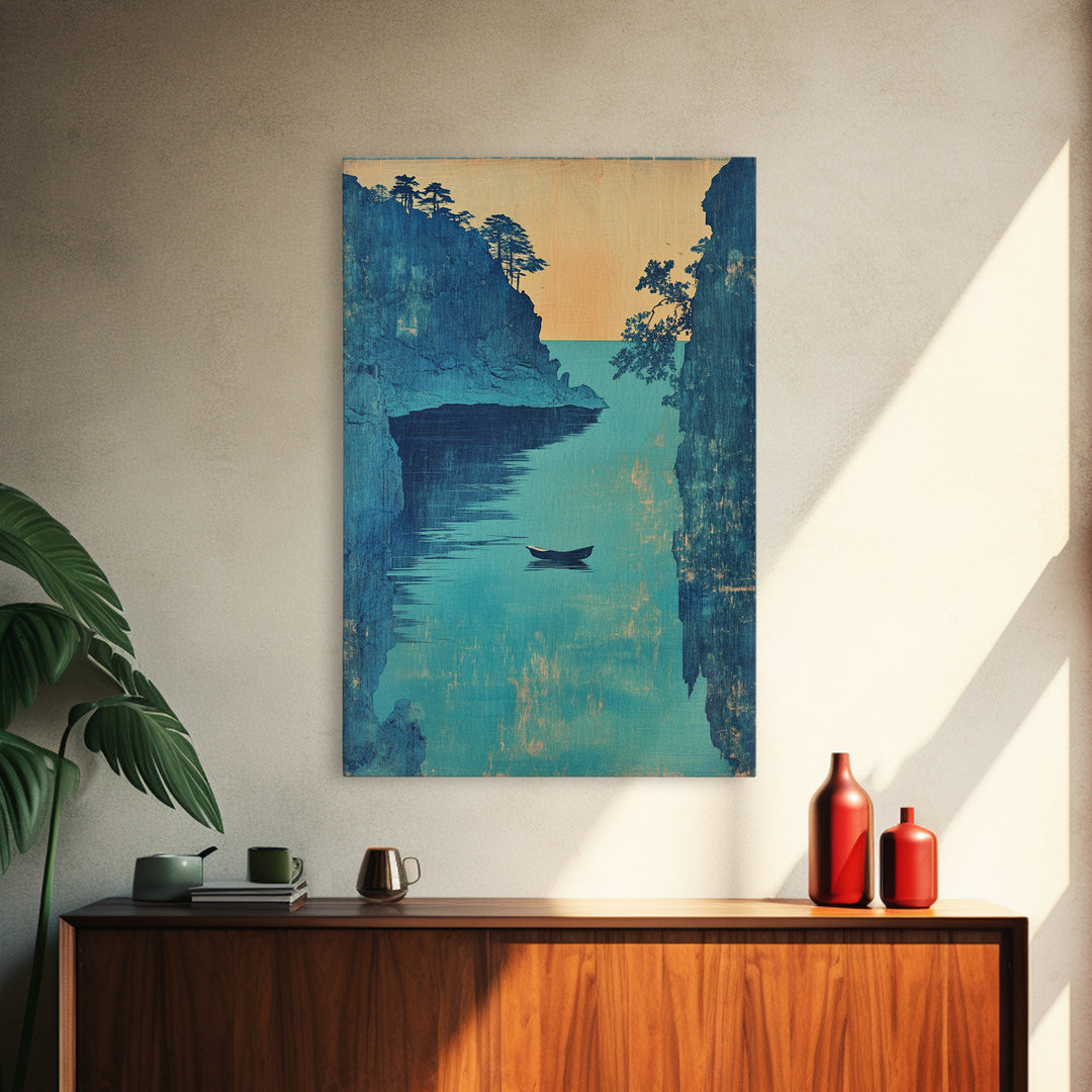 Blue Coastal Canyon Boat Wall Art, Japanese Seascape Print, Nautical Home Decor, Serene Ocean Landscape Living Room Art Print