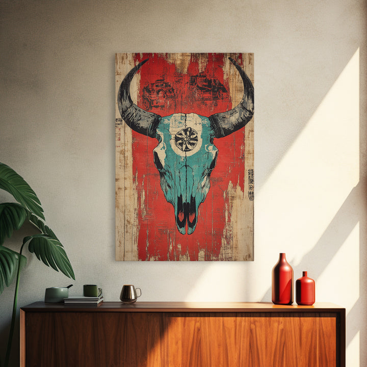 Turquoise Bull Skull On Red Rustic Wood Wall Art, Western Wall Decor, Southwestern Canvas, Tribal Home Decor For Living Room