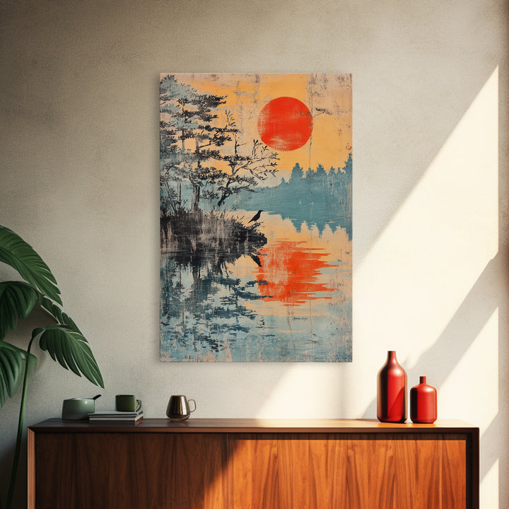 Red Sun Over Pine Lake Reflection Wall Art, Japanese Wall Decor, Japandi Landscape Print, Serene Nature Canvas For Living Room