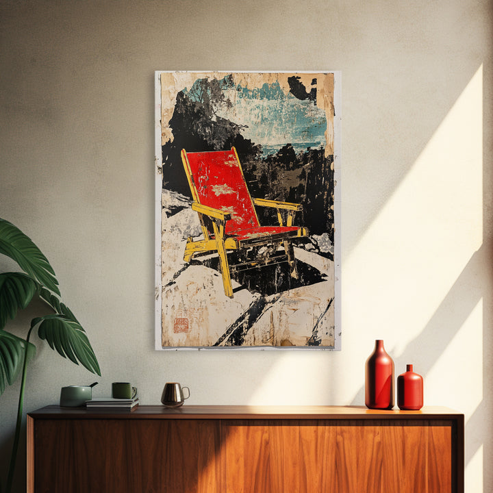 Red Beach Chair On Rocky Coast Wall Art, Coastal Wall Decor, Modern Travel Poster, Summer Beach House Canvas Print For Living Room Decor