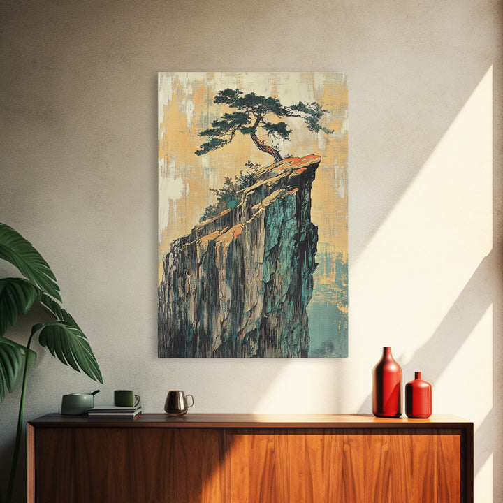 Lone Pine Tree On Sheer Cliff Wall Art, Japandi Landscape, Japanese Wall Decor, Serene Nature Canvas Print For Living Room