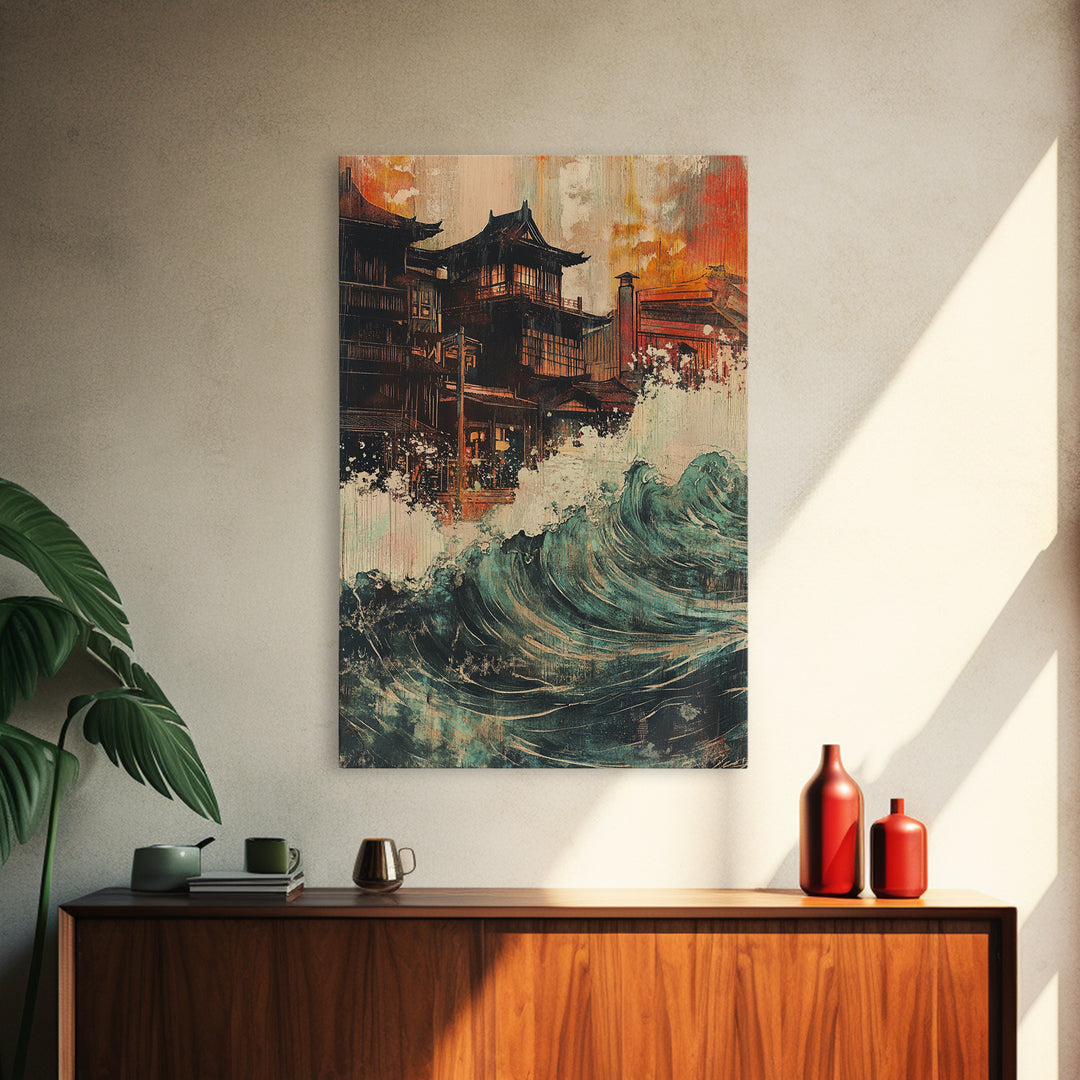 Japanese Pagoda Village With Crashing Wave Wall Art, Coastal Wall Decor, Asian Inspired Art, Dramatic Canvas Print For Living Room