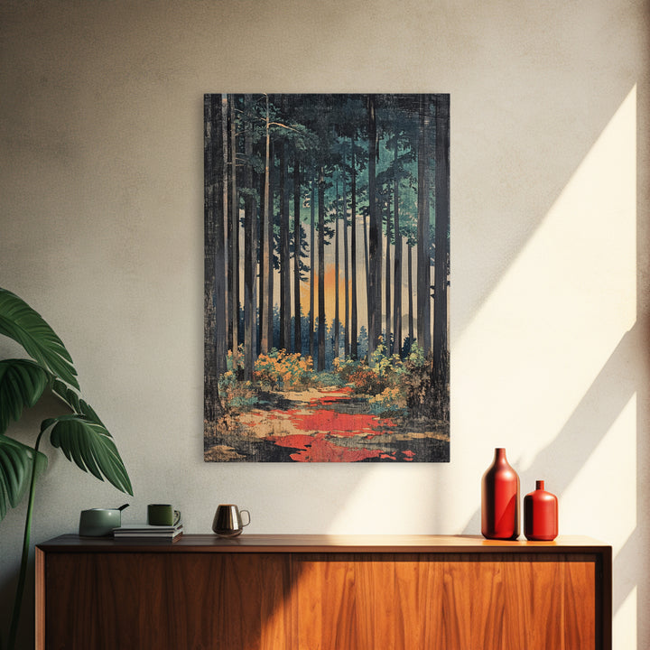 Tall Pine Forest Path At Sunset Wall Art, Nature Wall Decor, Moody Landscape Print, Woodland Canvas For Living Room Decor