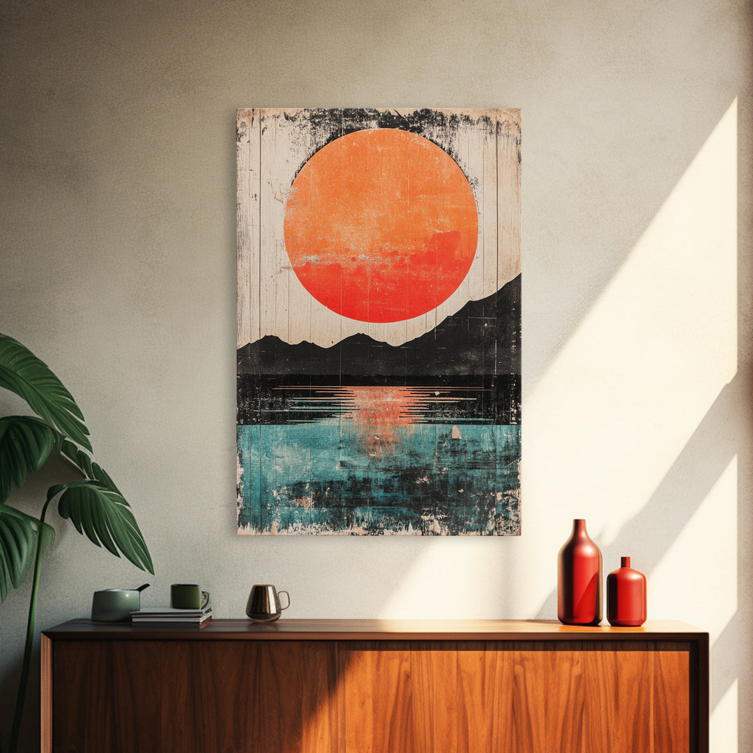 Giant Orange Sun Over Mountain Lake Wall Art, Japanese Wall Decor, Modern Landscape, Teal Canvas Print For Living Room Decor