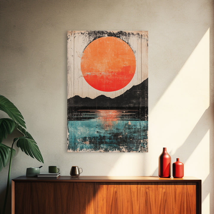 Giant Orange Sun Over Mountain Lake Wall Art, Japanese Wall Decor, Modern Landscape, Teal Canvas Print For Living Room Decor