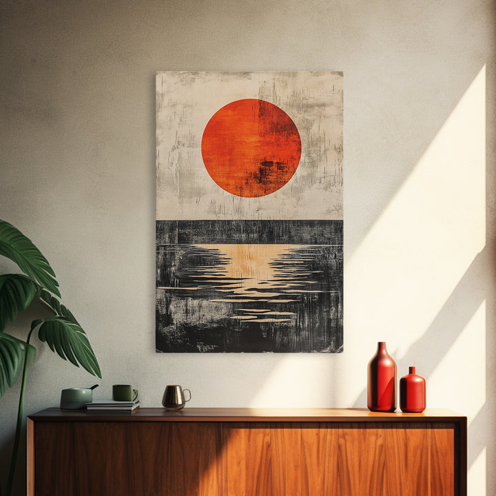 Minimal Red Sun Over Black Horizon Wall Art, Abstract Landscape Print, Japandi Wall Decor, Modern Canvas For Living Room