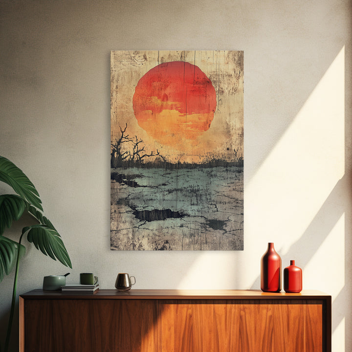 Large Orange Sun Over Barren Wetland Wall Art, Abstract Landscape, Moody Nature Print, Rustic Canvas For Living Room Decor