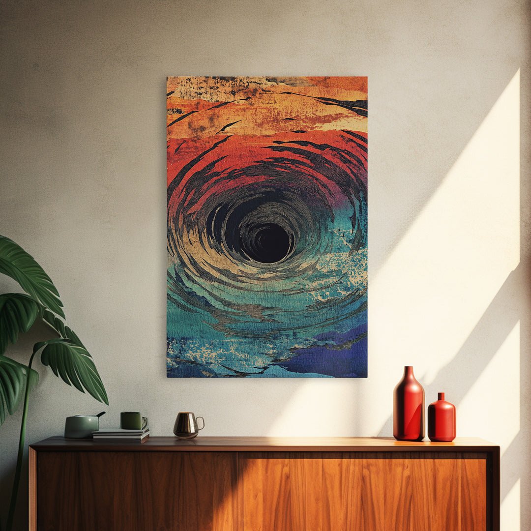 Abstract Ocean Vortex Wall Art, Teal Orange Whirlpool Print, Surreal Coastal Decor, Modern Statement Framed Canvas Print