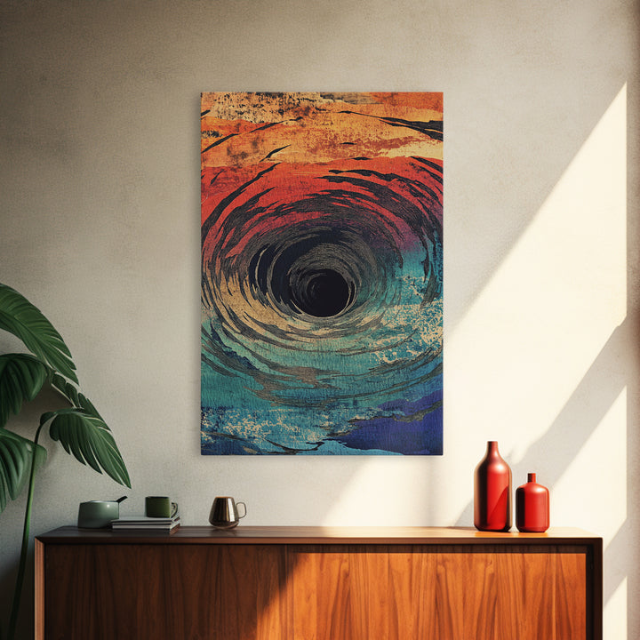 Abstract Ocean Vortex Wall Art, Teal Orange Whirlpool Print, Surreal Coastal Decor, Modern Statement Framed Canvas Print