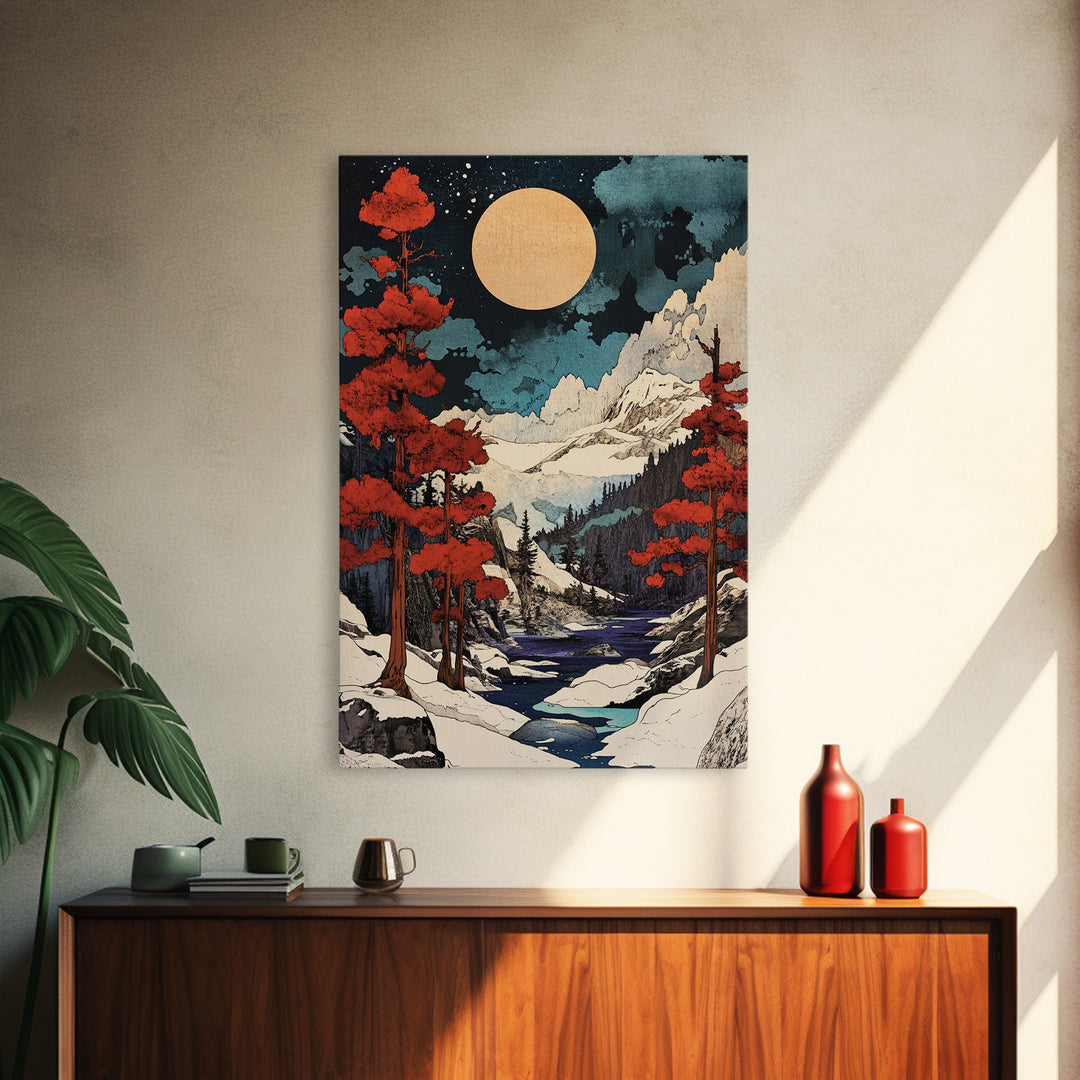 Full Moon Snowy Mountain Wall Art, Red Pine Japanese Landscape Canvas Print, Winter Forest Decor For Cabin Living Room Gift