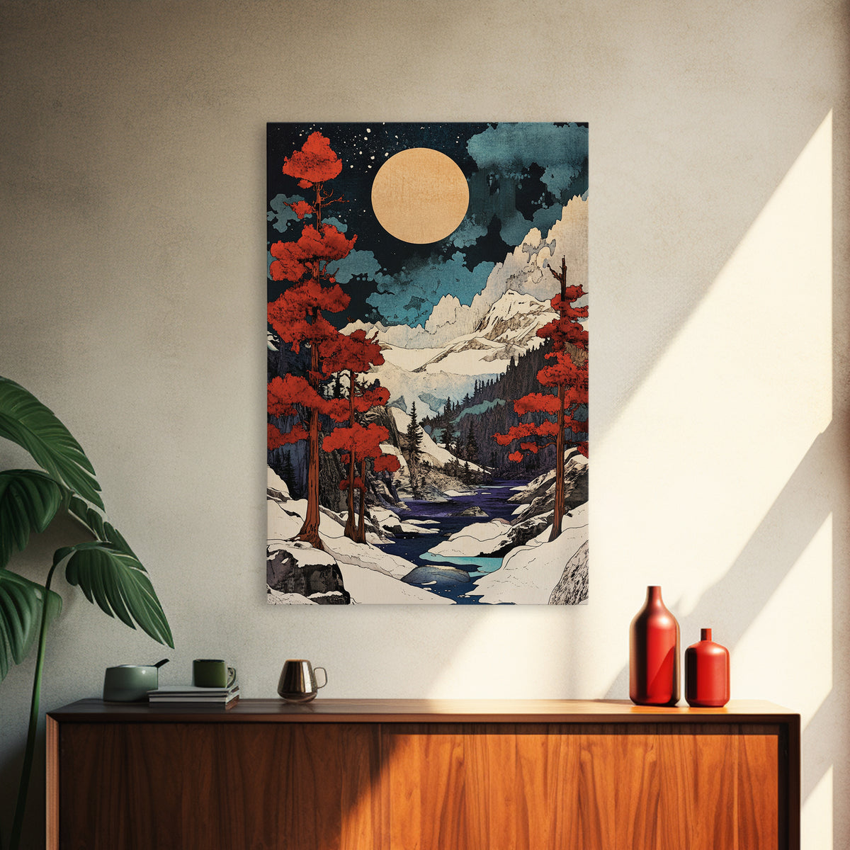 Full Moon Snowy Mountain Wall Art, Red Pine Japanese Landscape Canvas Print, Winter Forest Decor For Cabin Living Room Gift