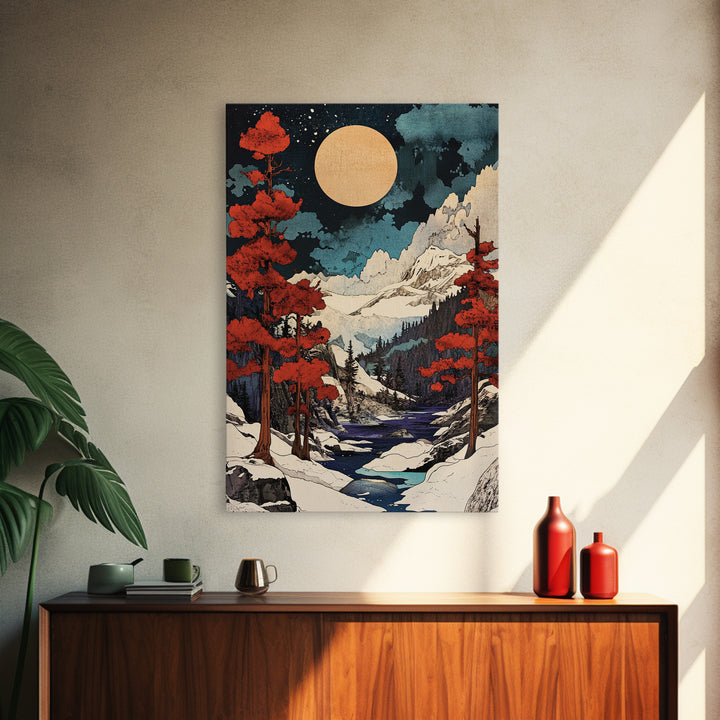 Full Moon Snowy Mountain Wall Art, Red Pine Japanese Landscape Canvas Print, Winter Forest Decor For Cabin Living Room Gift