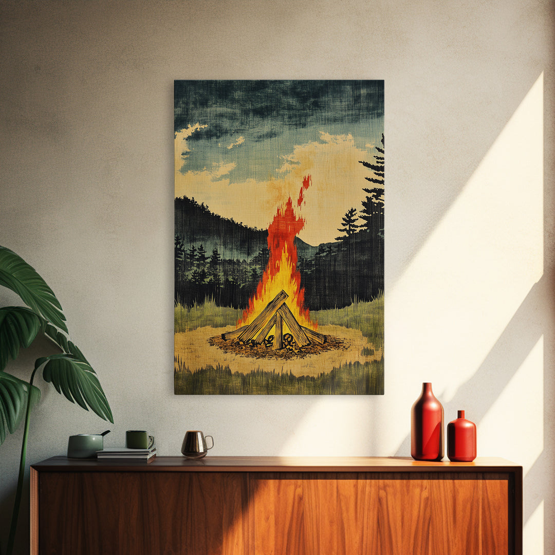 Forest Campfire At Dusk Wall Art, Rustic Cabin Landscape Canvas Print, Cozy Nature Decor For Man Cave Living Room Home Decor