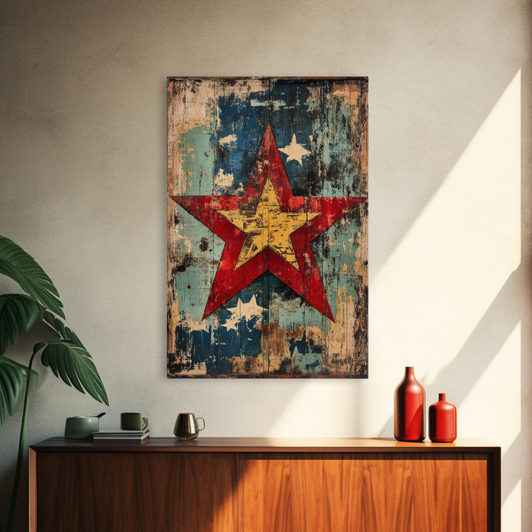 Weathered Red Star Wall Art, Rustic Americana Wood Panel Canvas Print, Patriotic Farmhouse Decor For Living Room Home Decor