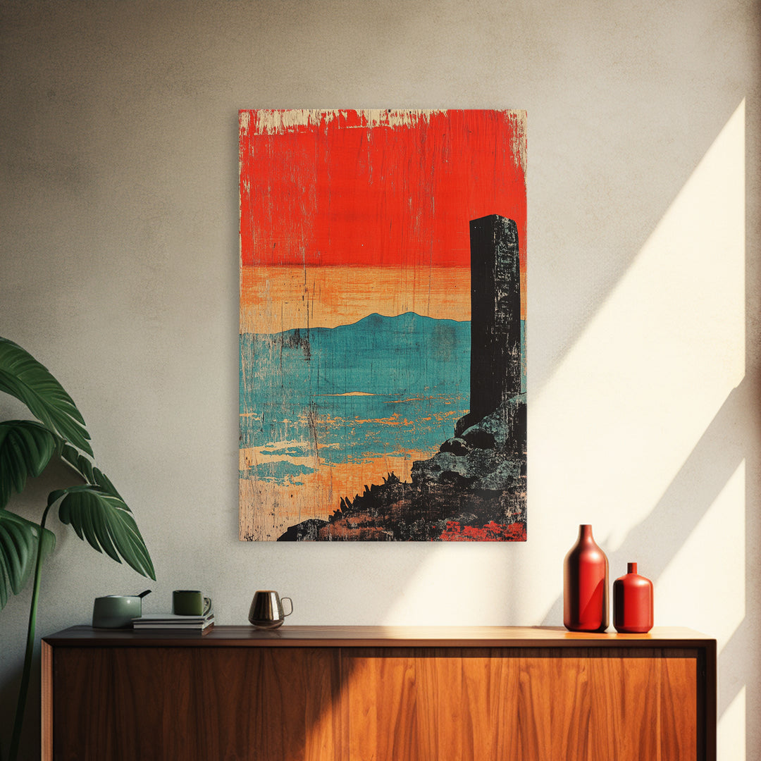Orange Sunset Over Turquoise Sea Wall Art, Minimal Japanese Landscape Print, Coastal Zen Decor, Modern Living Room Art, Gift