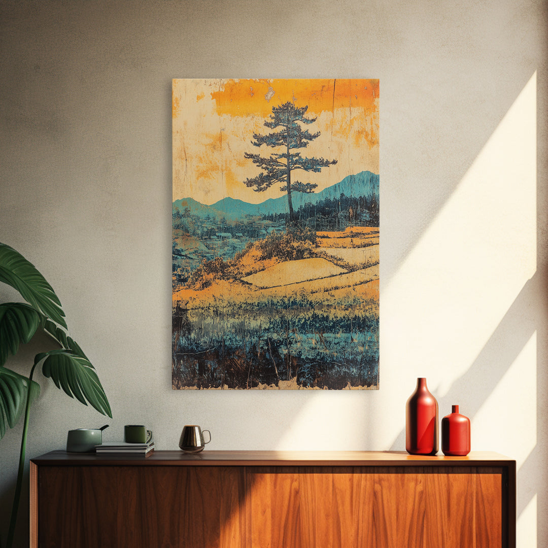Lone Pine Above Terraced Fields Wall Art, Japanese Mountain Landscape Print, Rustic Nature Decor, Serene Farmhouse Art, Gift