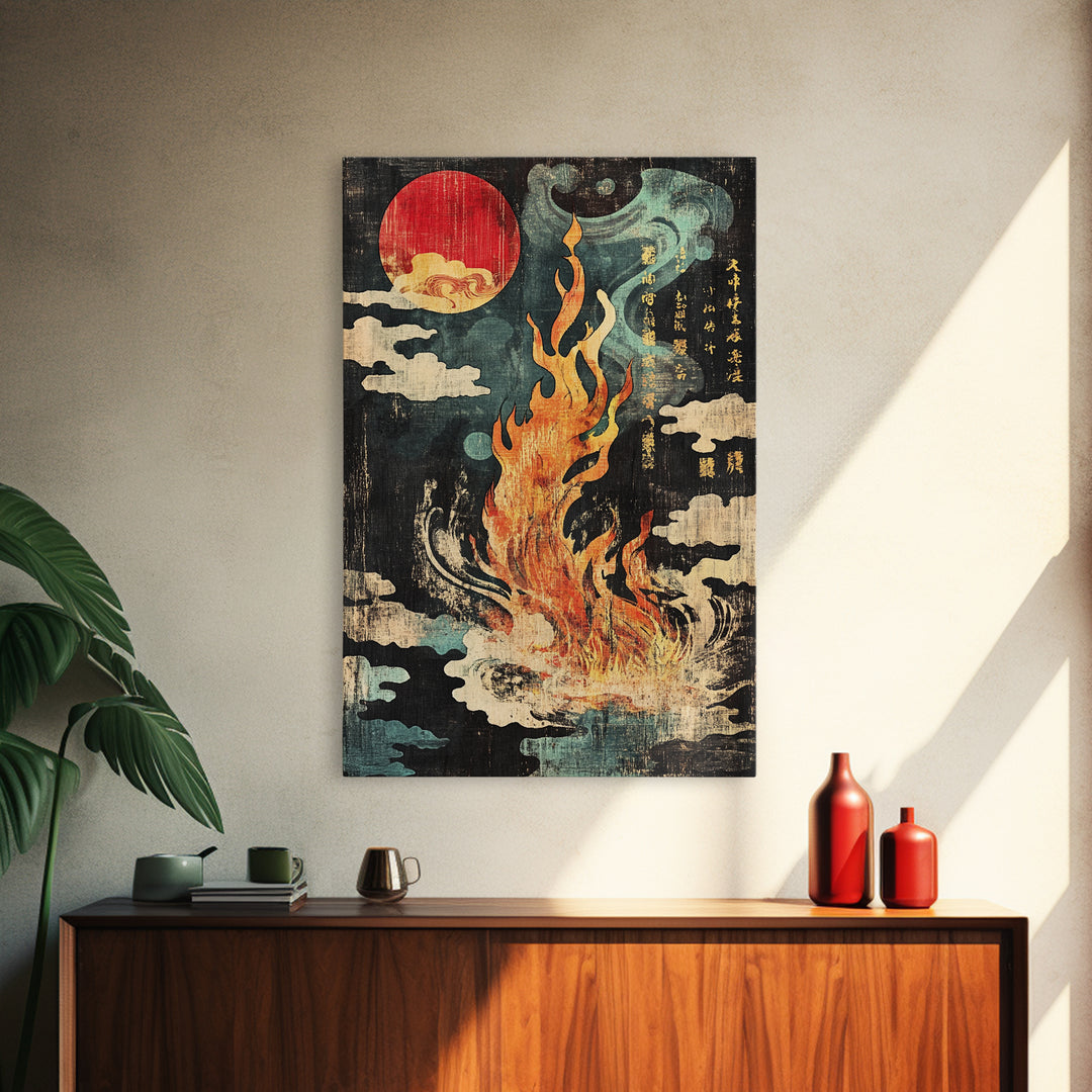 Mystic Fire Under Red Moon Canvas Print, Japanese Folklore Wall Art, Celestial Fantasy Decor, Dark Zen Statement Print, Gift