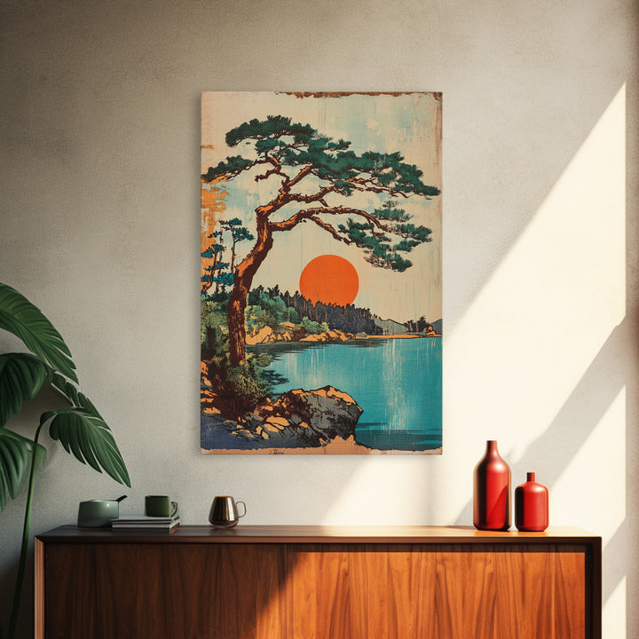 Lakeside Pine At Orange Sun Framed Canvas Print, Japanese Landscape Wall Art, Coastal Cabin Decor, Serene Nature Home Decor
