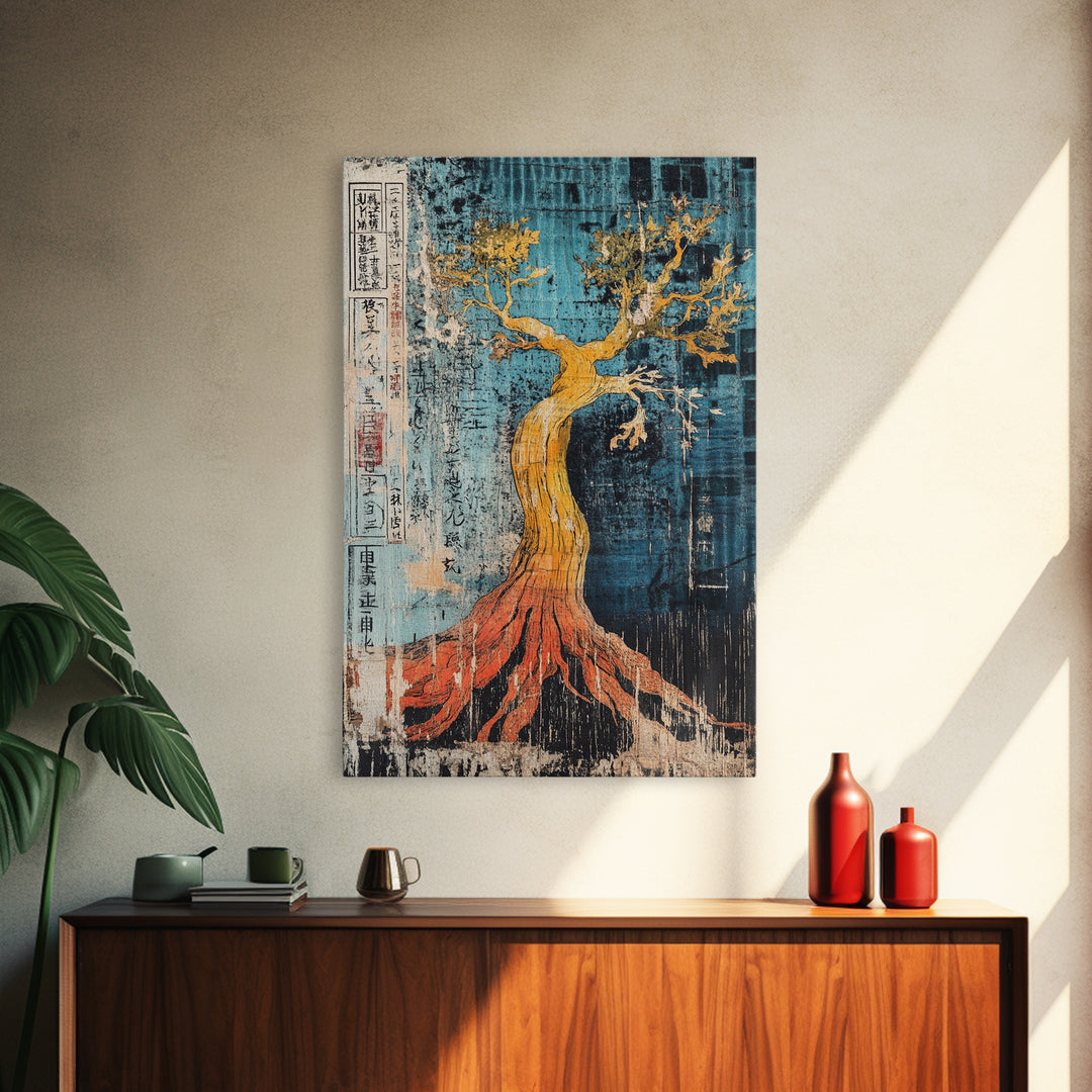 Golden Tree With Red Roots On Blue Canvas Print, Japanese Botanical Wall Art, Abstract Nature Decor, Organic Modern Home Decor
