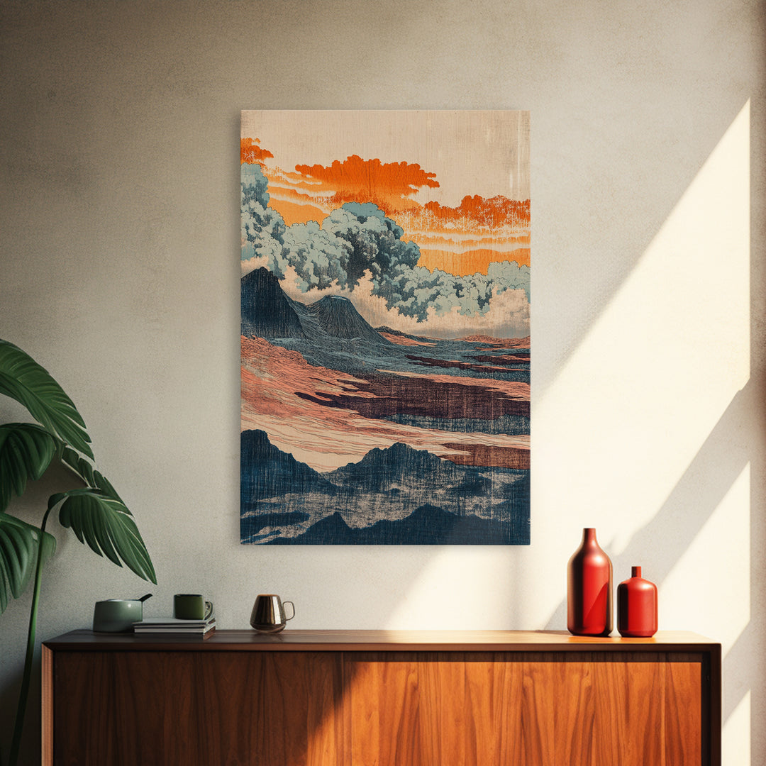 Orange Clouds Over Abstract Sea And Hills Wall Art, Japanese Landscape Print, Mid Century Modern Decor, Boho Living Room Art