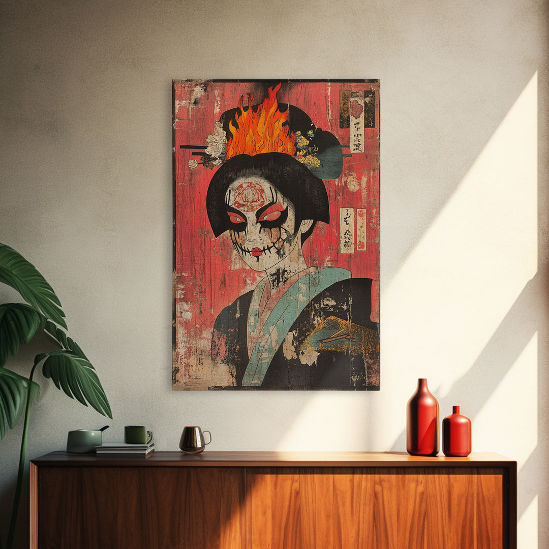 Gothic Geisha Skull With Flaming Headdress Canvas Print, Japanese Dark Wall Art, Surreal Portrait Decor, Moody Maximalist Art