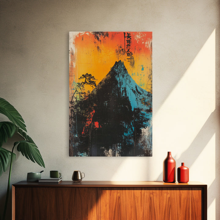 Dramatic Mountain Peak At Orange Sunrise Wall Art, Japanese Landscape Print, Bold Modern Nature Decor, Office Or Living Room Art