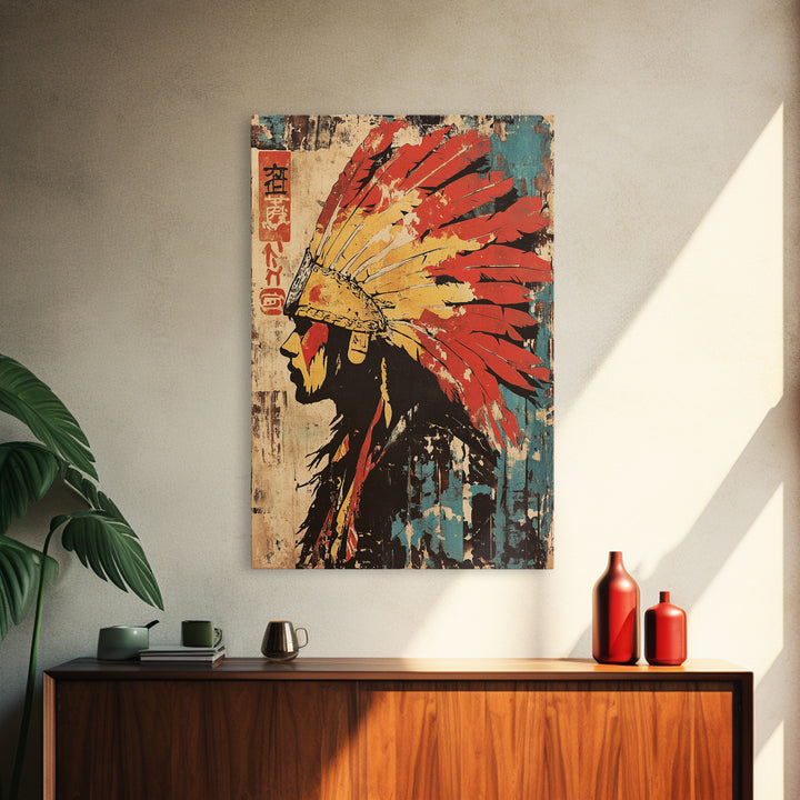 Indigenous Warrior Headdress Canvas Print, Tribal Wall Art, Southwestern Decor, Cultural Art Print, Bold Western Home Decor