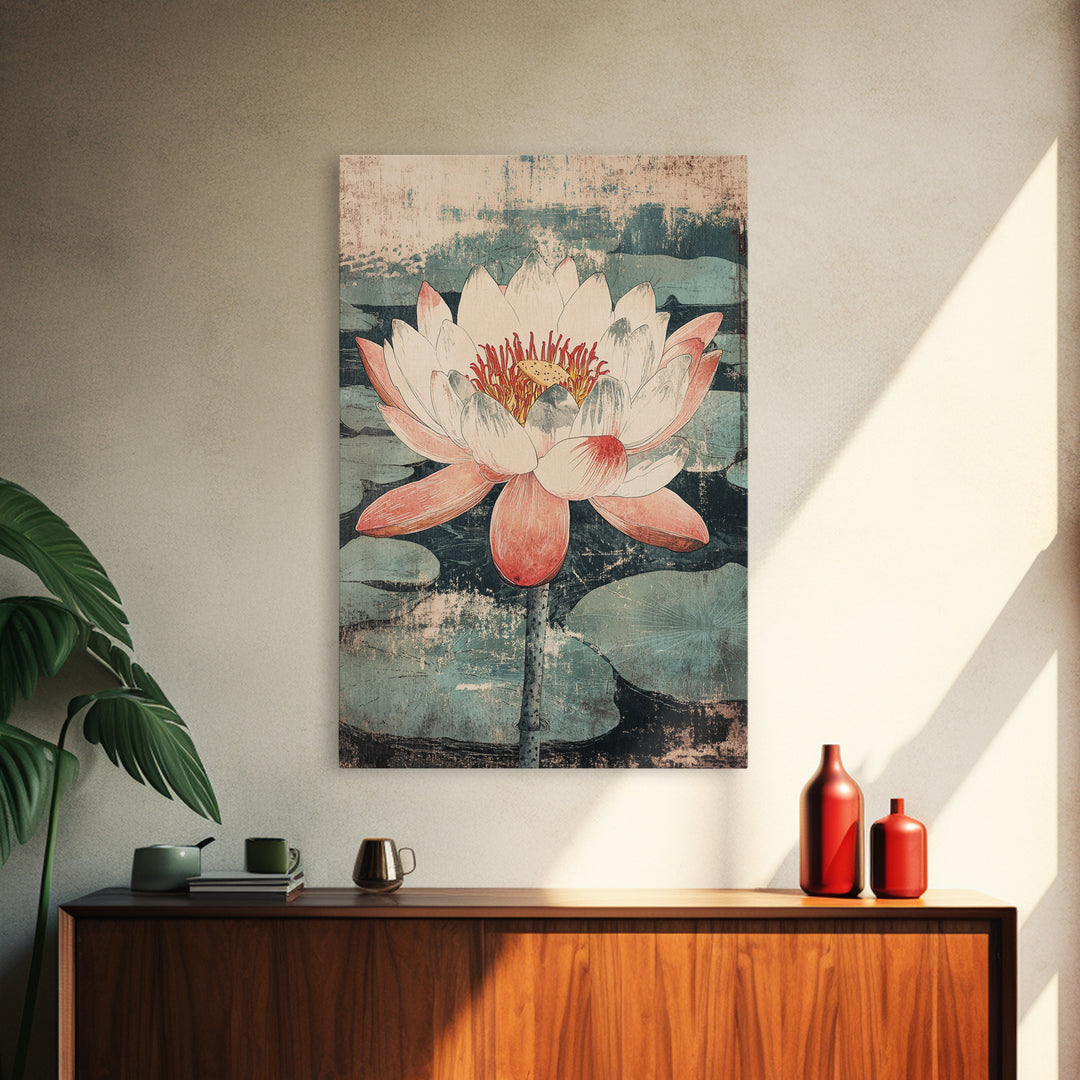 Pink Lotus Flower Botanical Wall Art, Japanese Canvas Print, Water Lily Pond Decor, Japandi Nature Art For Bedroom Decor