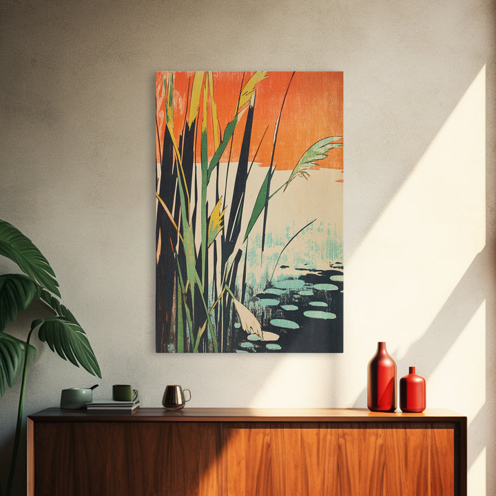 Tall Reeds Orange Sunset Canvas Print, Botanical Wall Art, Japanese Pond Landscape, Nature Decor, Serene Japandi Art Print