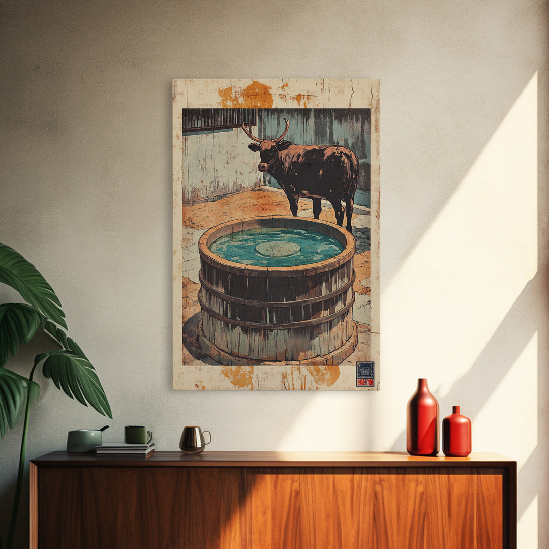 Longhorn Bull Water Trough Canvas Print, Western Wall Art, Rustic Farmhouse Decor, Ranch Animal Art, Country Wall Decor