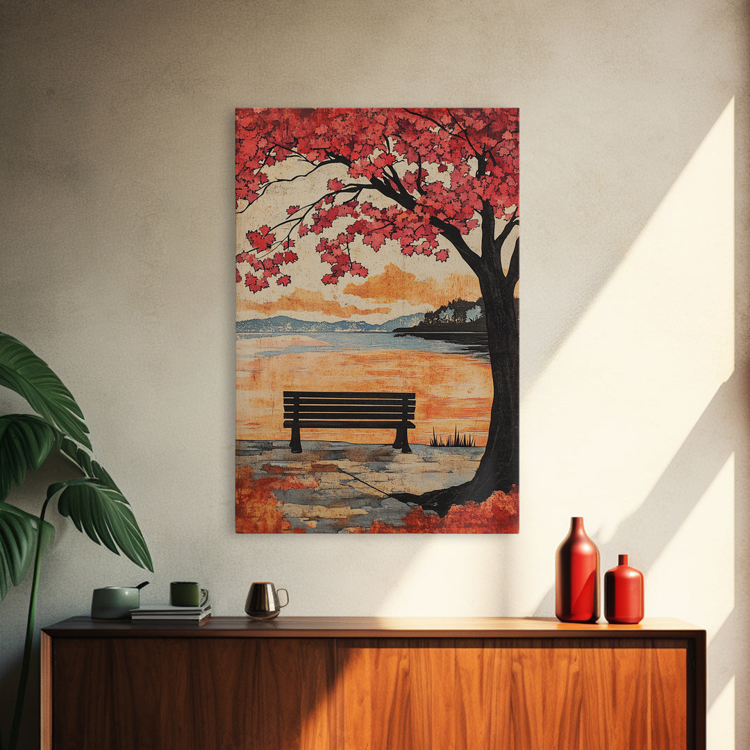 Red Maple Tree Bench By Quiet Lake Wall Art, Japanese Garden Print, Autumn Sunset Decor, Serene Living Room Wall Decor, Housewarming Gift