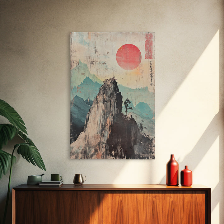 Misty Mountain Peak With Red Sun Wall Art, Japanese Landscape Print, Zen Home Decor, Calm Office Decor, Nature Wall Art Print