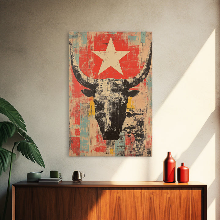 Longhorn Skull With White Star Canvas Print, Western Wall Art, Southwestern Decor, Rustic Ranch Art, Bold Living Room Decor