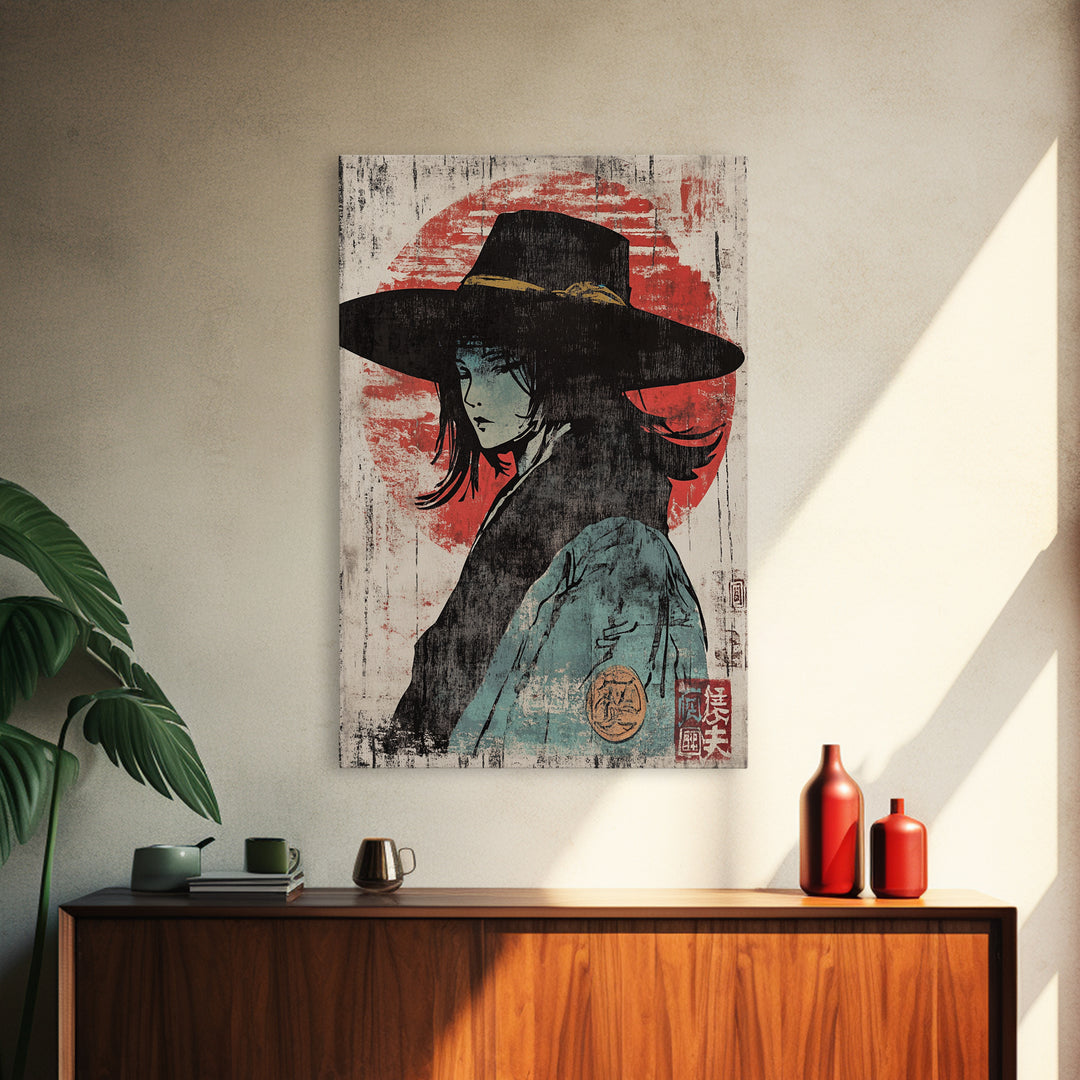 Mysterious Woman In Wide Black Hat Wall Art, Japanese Portrait Print, Anime Style Decor, Moody Wall Decor, Gift For Her, Home Decor