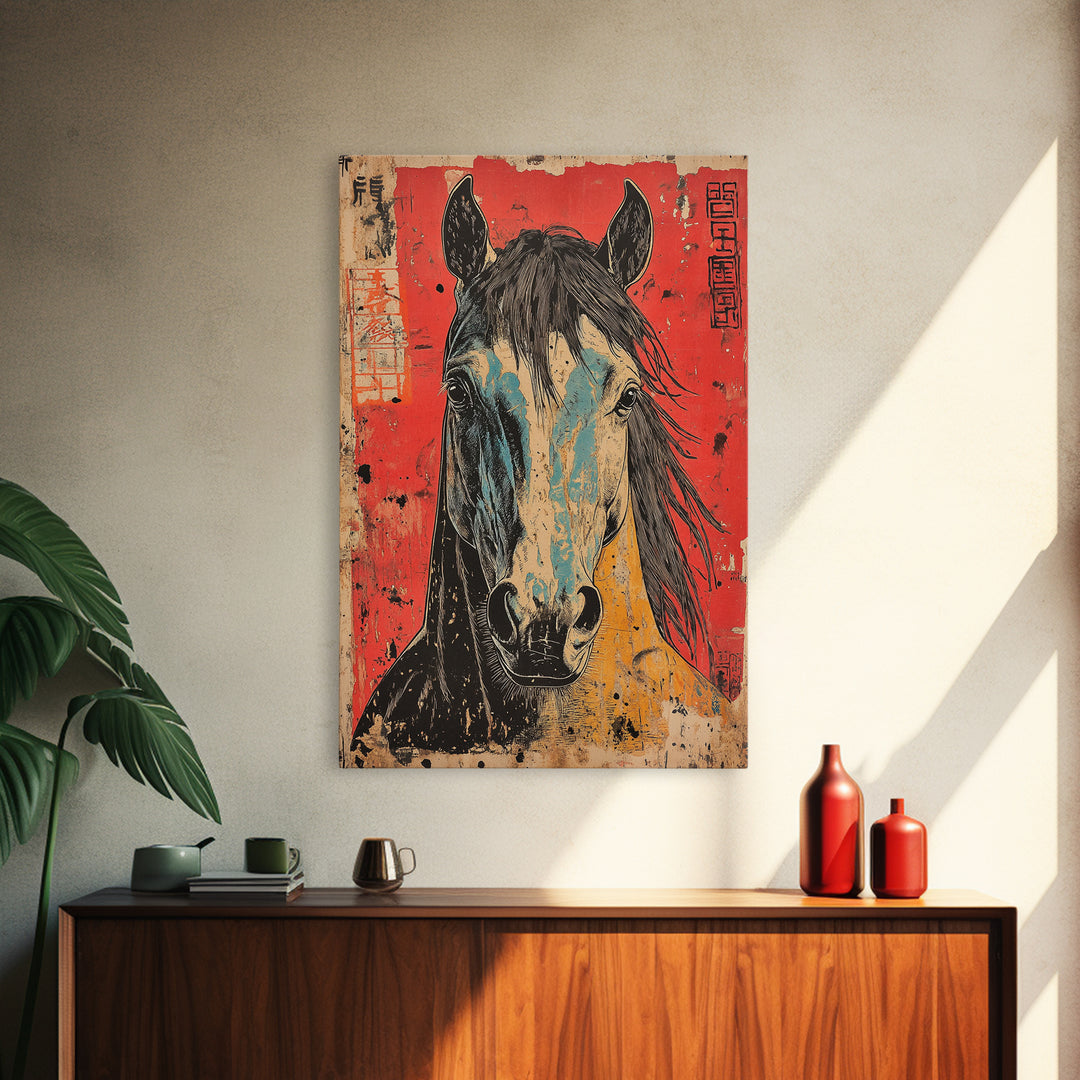 Expressive Horse Portrait On Red Canvas Print, Western Equestrian Wall Art, Rustic Ranch Decor, Horse Lover Gift, Living Room Decor