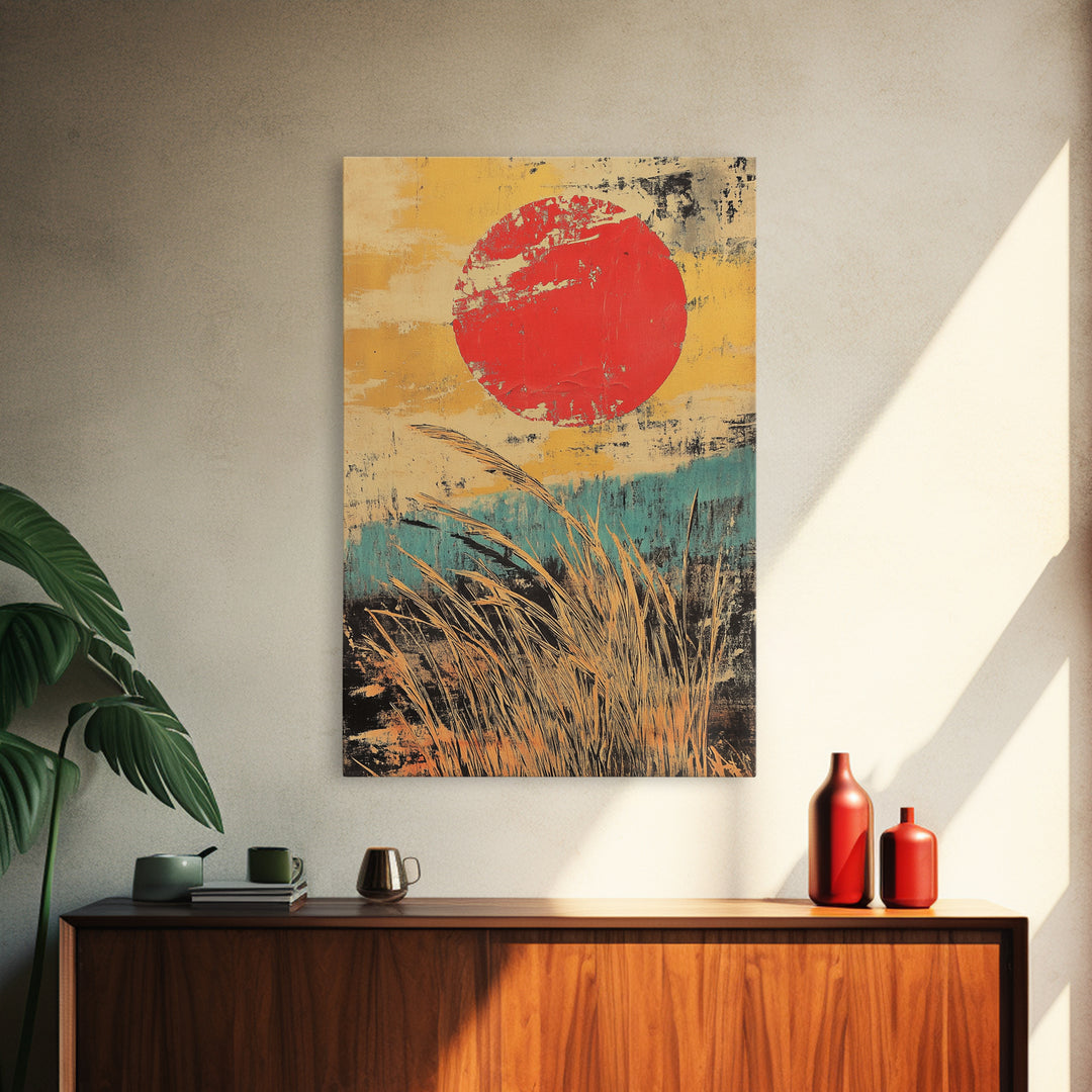 Red Sun Over Golden Reeds Canvas Print, Japanese Landscape Poster, Japandi Wall Decor, Boho Asian Inspired Home Decor, Art Print