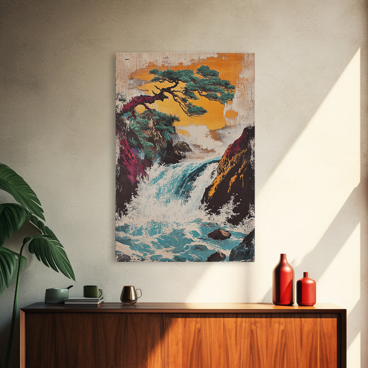 Pine Tree Waterfall Mountain Framed Canvas Print, Japanese Landscape Art, Nature Wall Decor, Serene Asian Home Decor, Living Room Art