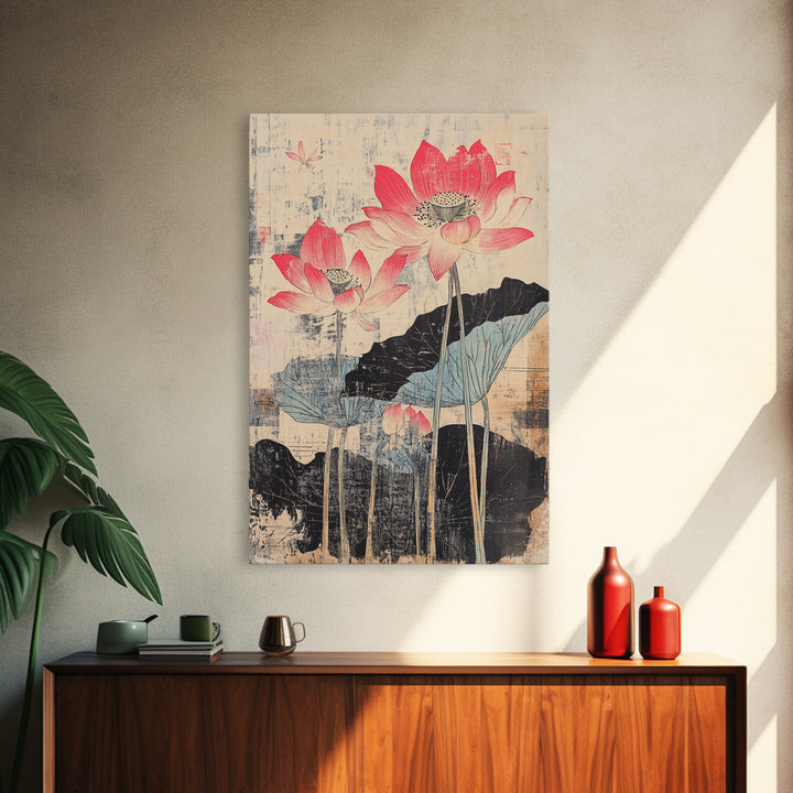 Pink Lotus Flowers With Ink Leaves Wall Art, Botanical Japanese Print, Asian Inspired Decor, Feminine Bedroom Wall Decor