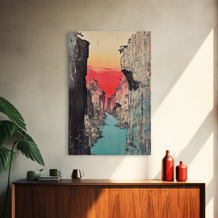 Red Sunset Canyon River Canvas Print, Japanese Gorge Landscape, Dramatic Nature Wall Decor, Asian Inspired Office Art, Home Decor